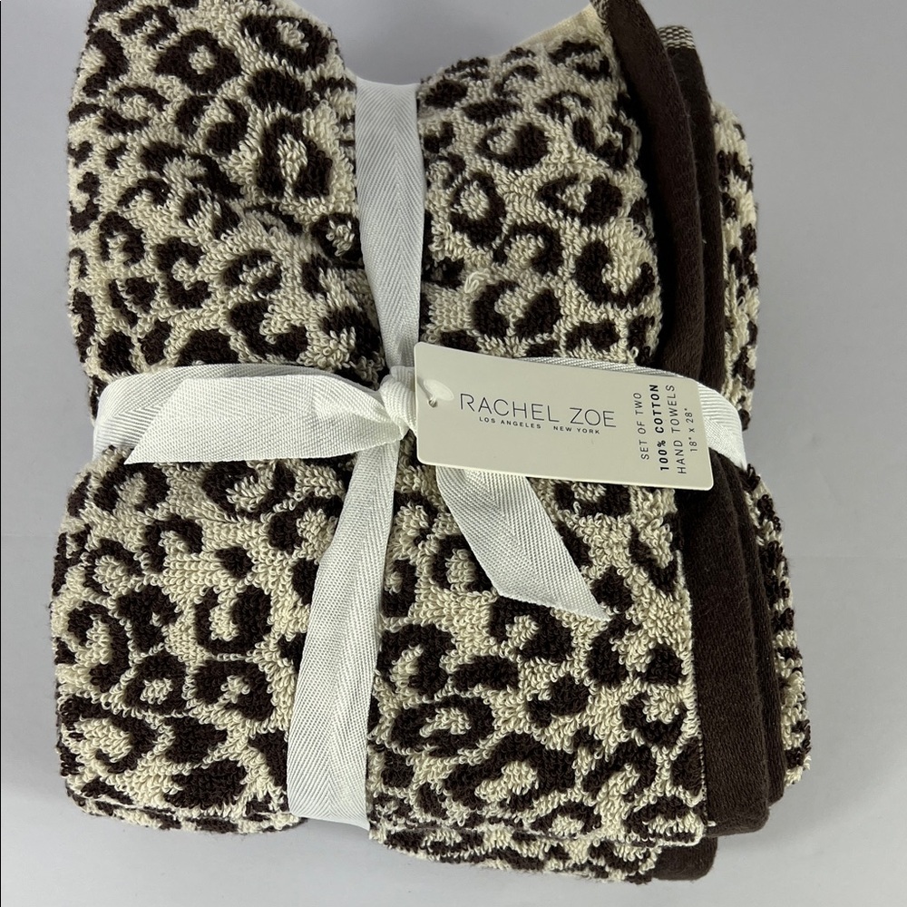 2 Pc Rachel Zoe Leopard Cheetah Animal Print Bath Hand Towels 100% Cotton NEW